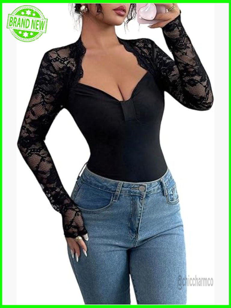 Lace Patchwork Sweetheart Neck Long Sleeve Fitted Top